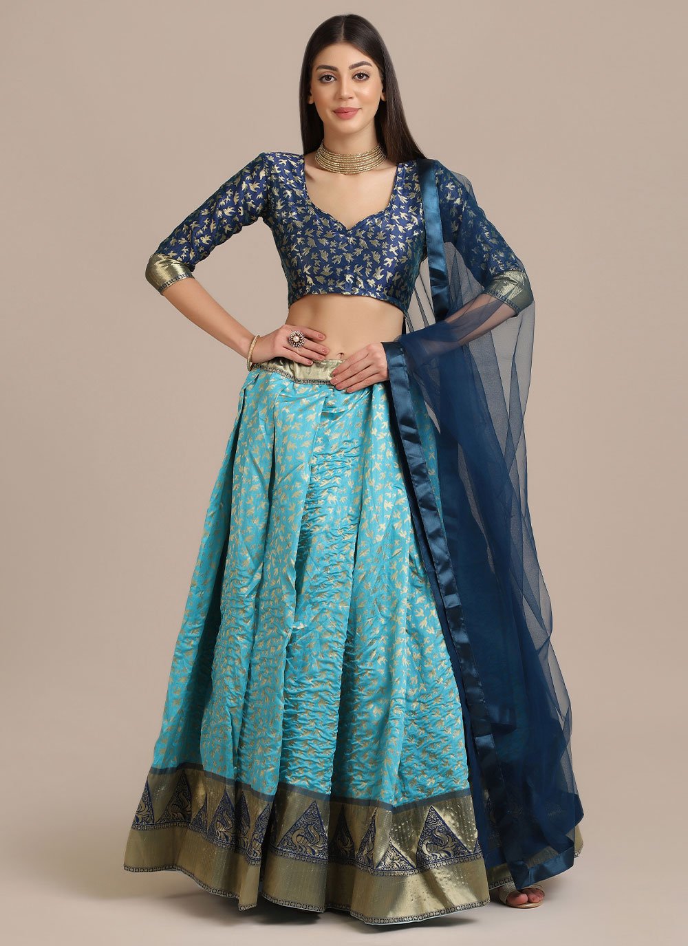 A Line Lehenga Jacquard Aqua Blue Woven Lehenga Choli