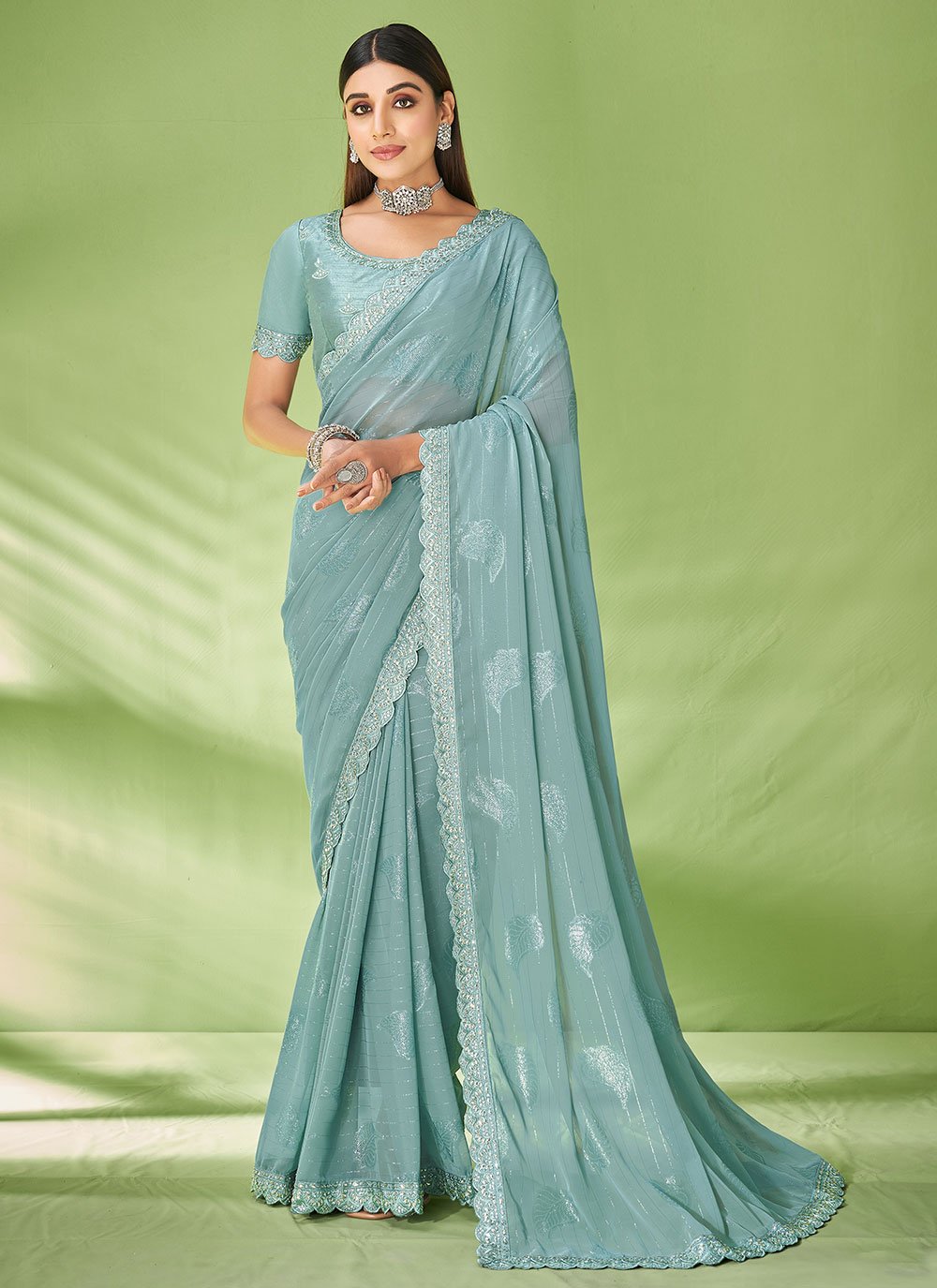 Classic Georgette Jacquard Aqua Blue Foil Print Saree