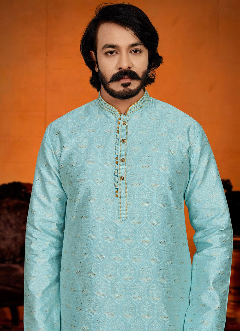 Kurta Pyjama Jacquard Aqua Blue Fancy Work Mens