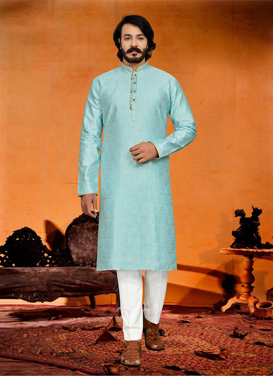 Kurta Pyjama Jacquard Aqua Blue Fancy Work Mens