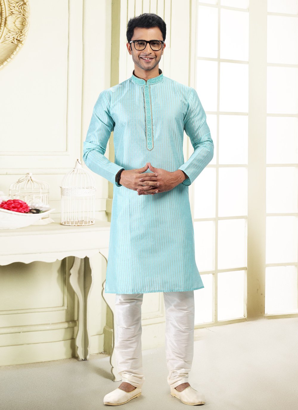 Kurta Pyjama Art Silk Jacquard Aqua Blue Fancy Work Mens