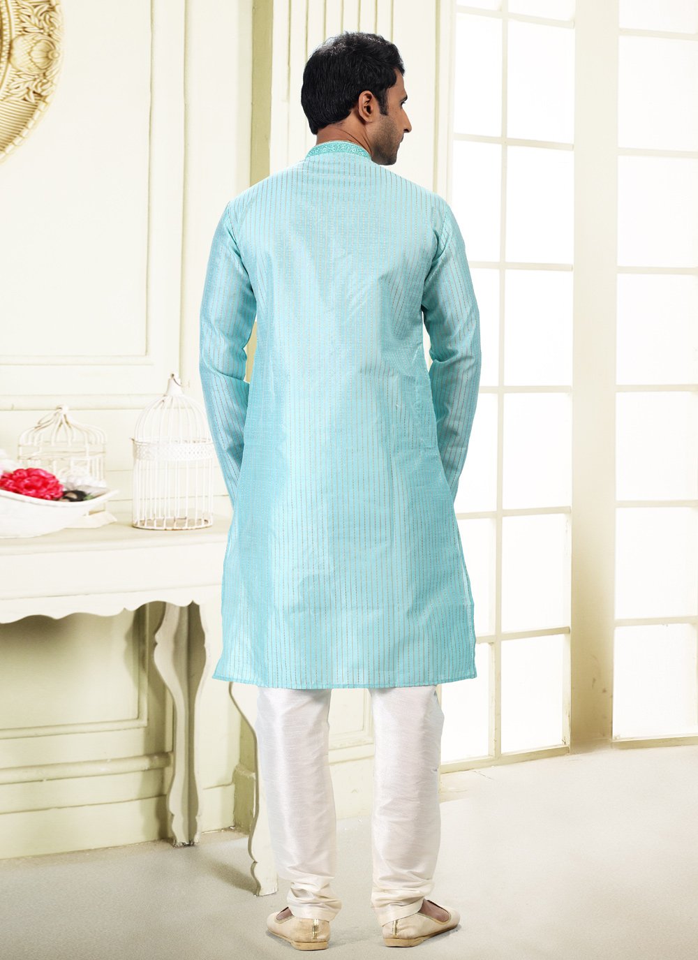 Kurta Pyjama Art Silk Jacquard Aqua Blue Fancy Work Mens