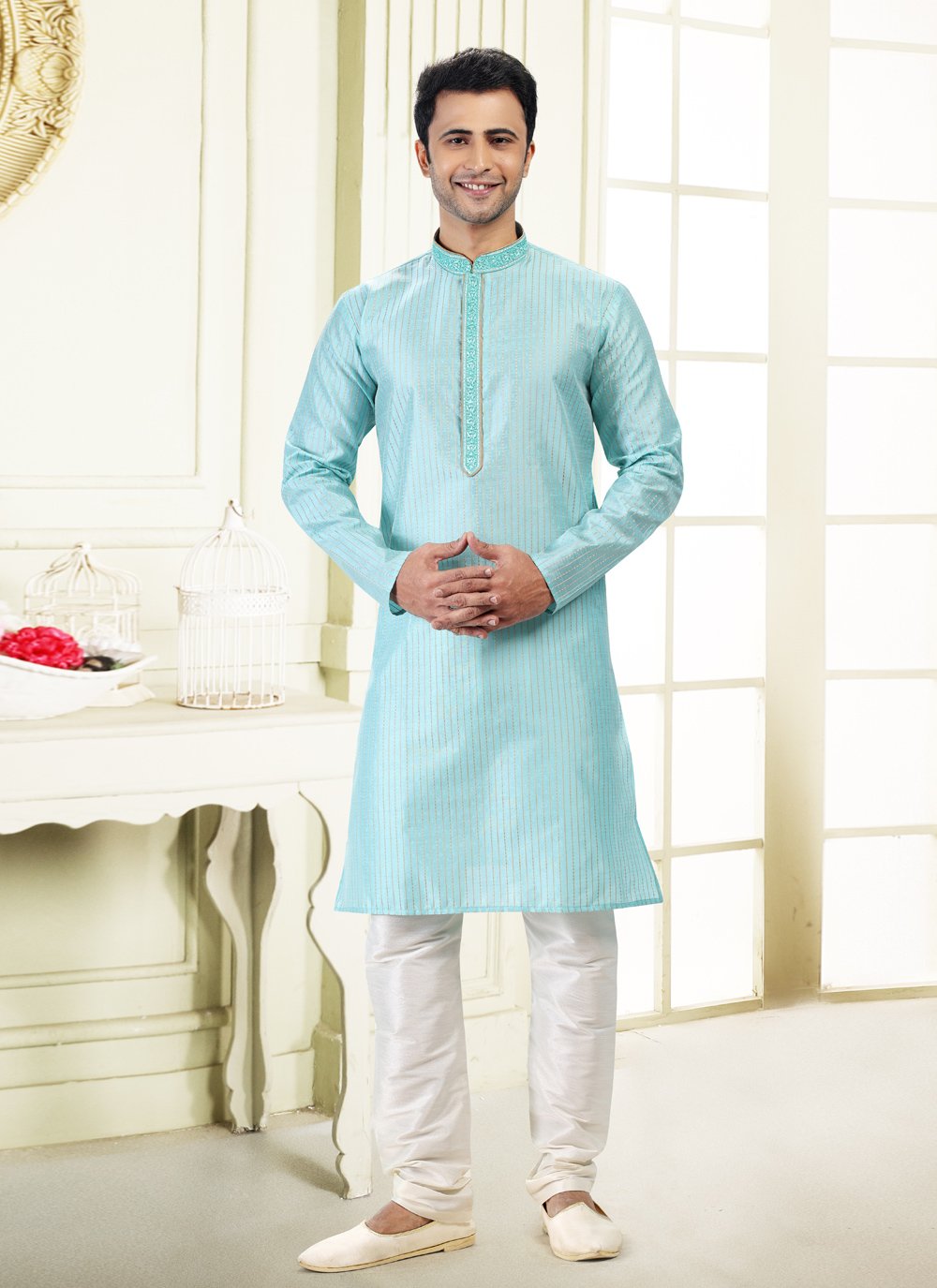 Kurta Pyjama Art Silk Jacquard Aqua Blue Fancy Work Mens