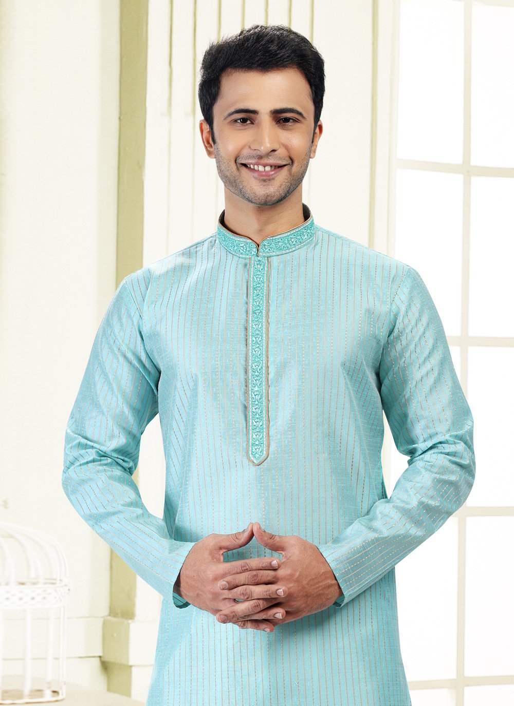 Kurta Pyjama Art Silk Jacquard Aqua Blue Fancy Work Mens