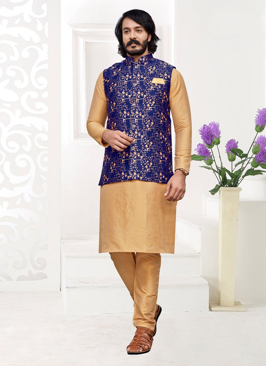 Kurta Payjama With Jacket Art Silk Jacquard Beige Blue Digital Print Mens