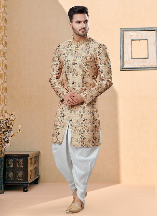 Indo Western Sherwani Jacquard Beige Digital Print Mens