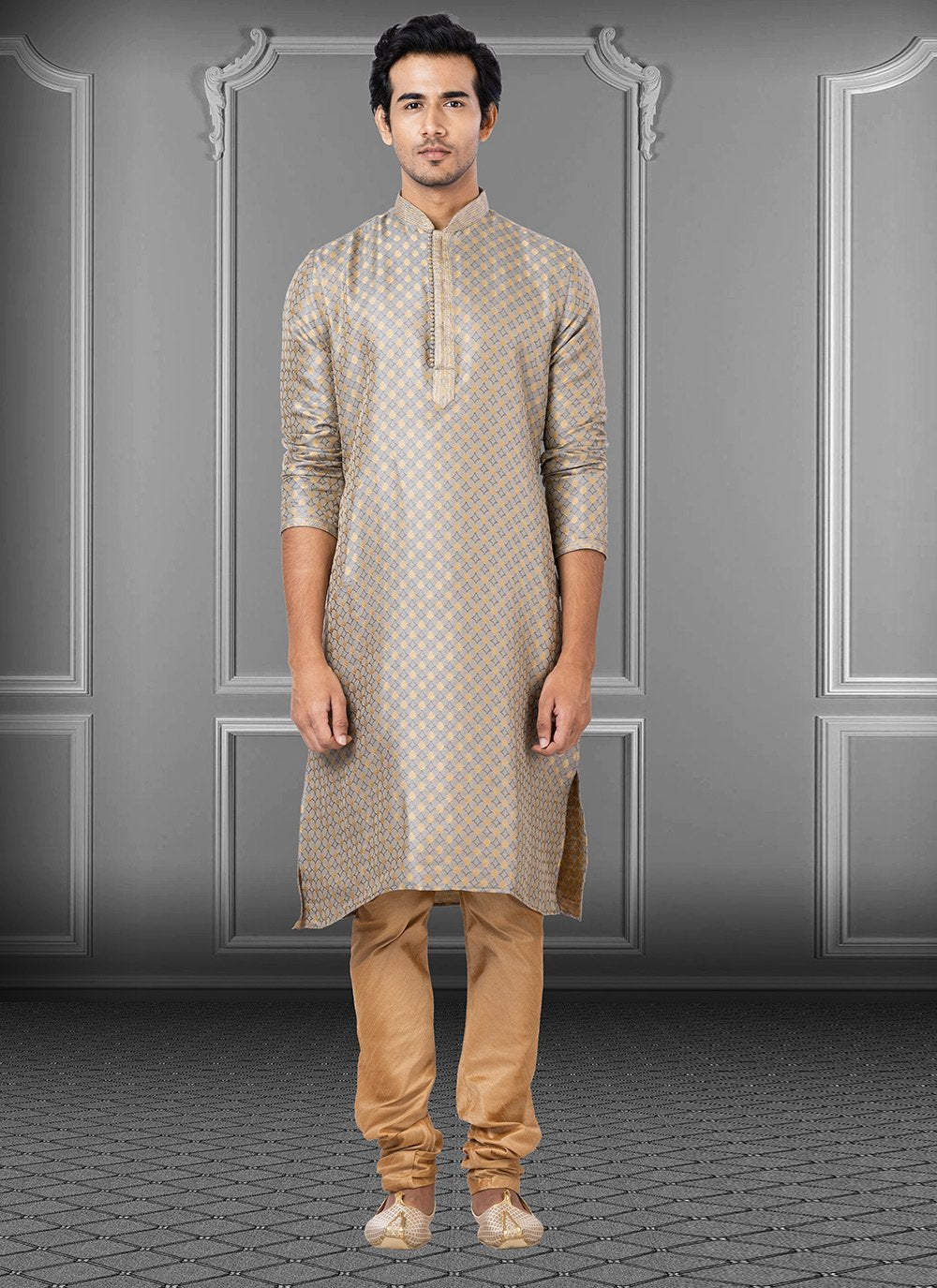 Kurta Pyjama Jacquard Beige Fancy Work Mens