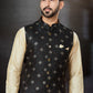 Kurta Payjama With Jacket Dupion Silk Jacquard Black Cream Embroidered Mens