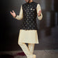 Kurta Payjama With Jacket Dupion Silk Jacquard Black Cream Embroidered Mens