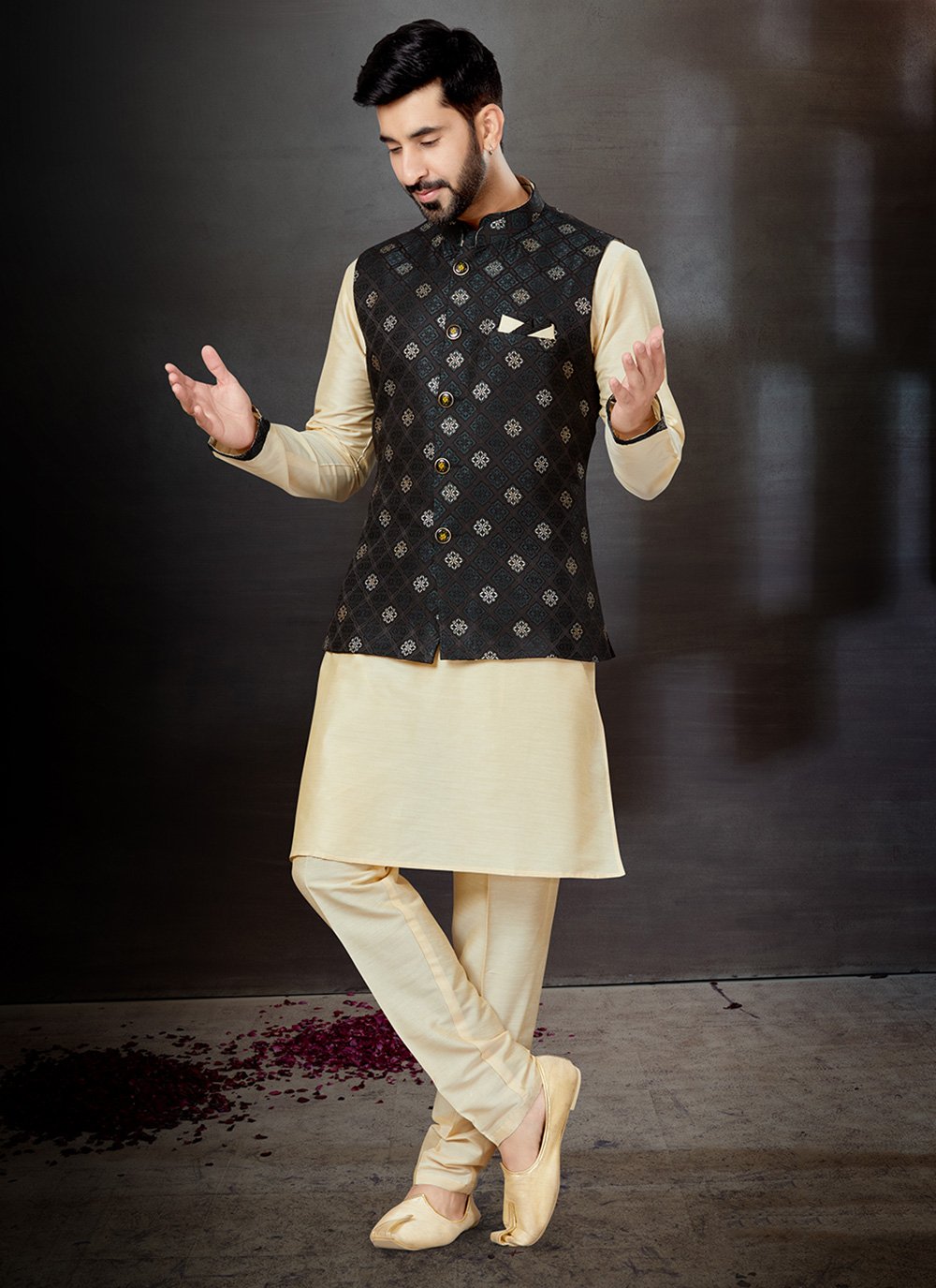 Kurta Payjama With Jacket Dupion Silk Jacquard Black Cream Embroidered Mens