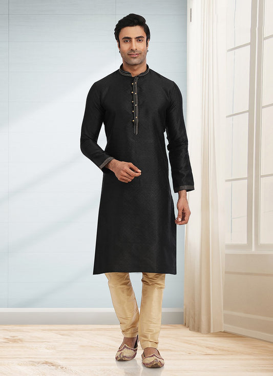 Kurta Pyjama Jacquard Black Fancy Work Mens