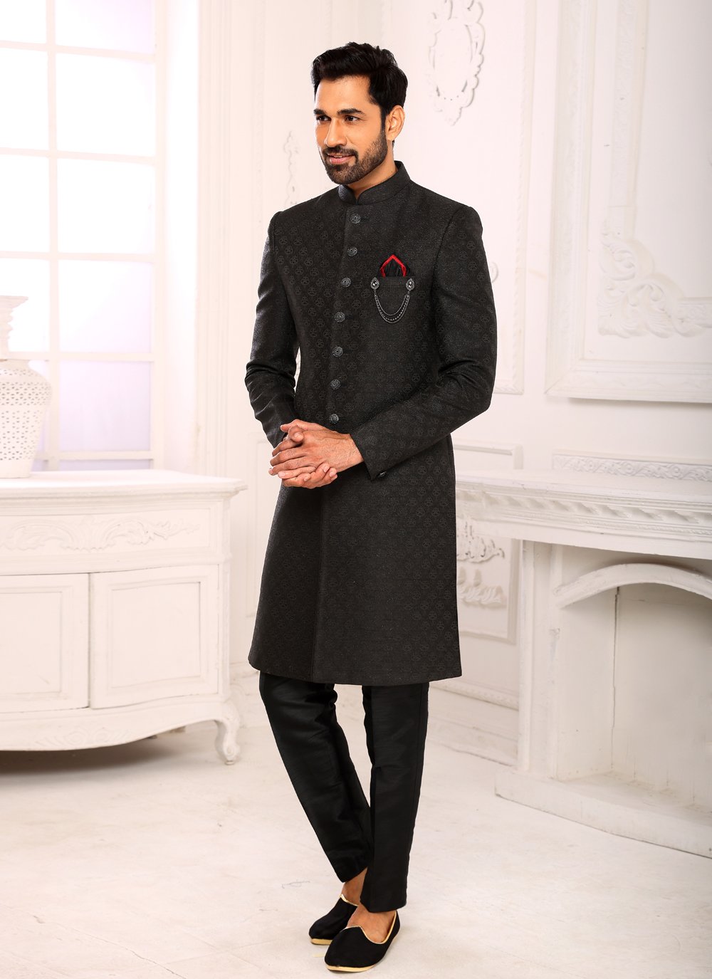 Indo Western Imported Jacquard Black Embroidered Mens