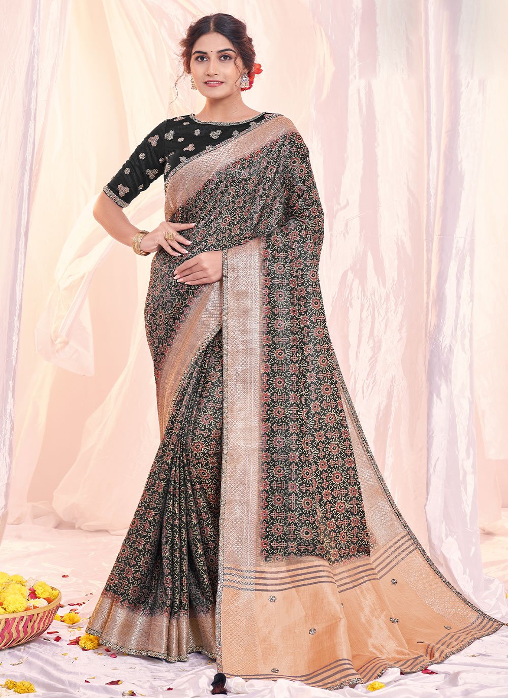 Classic Jacquard Black Print Saree