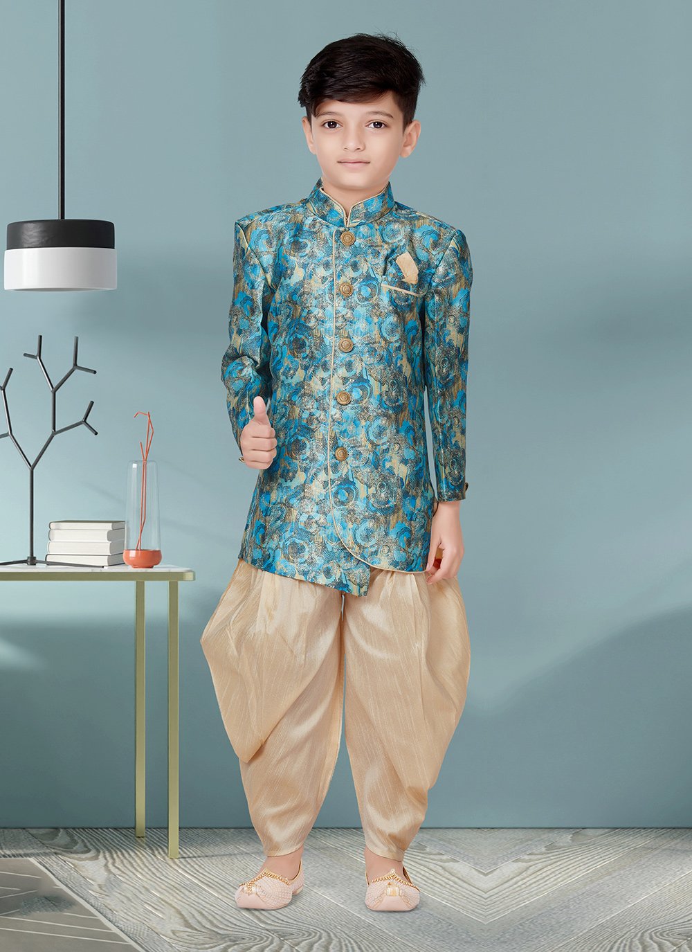 Indo Western Sherwani Jacquard Blue Multi Colour Digital Print Kids