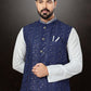 Kurta Payjama With Jacket Dupion Silk Jacquard Blue Off White Embroidered Mens