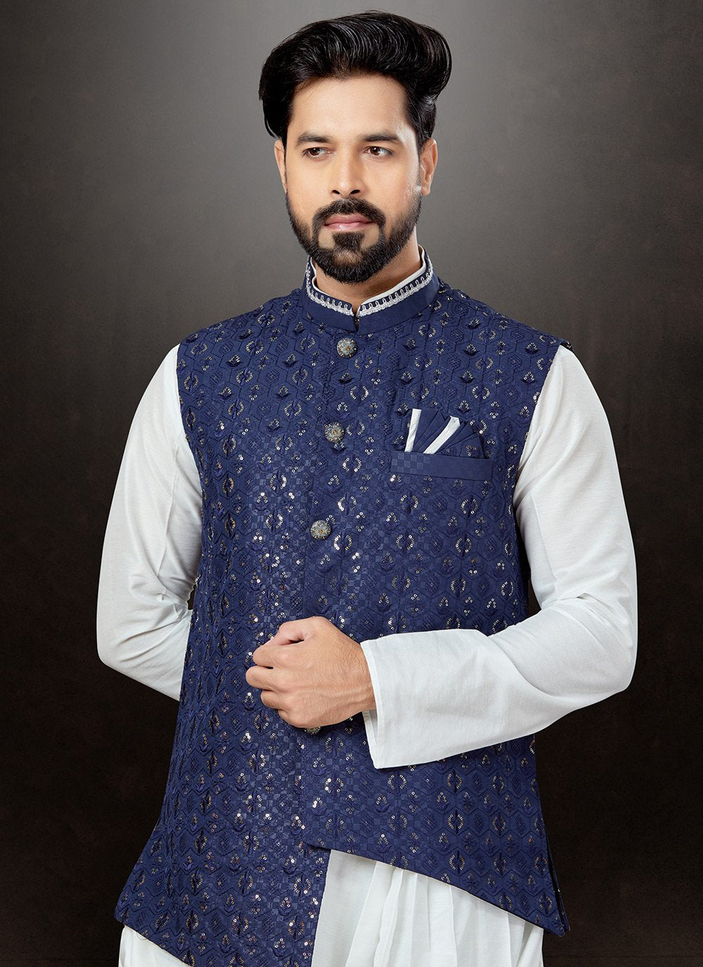 Kurta Payjama With Jacket Dupion Silk Jacquard Blue Off White Embroidered Mens