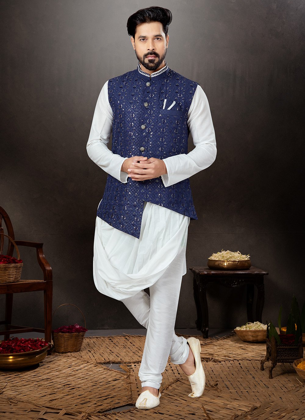 Kurta Payjama With Jacket Dupion Silk Jacquard Blue Off White Embroidered Mens