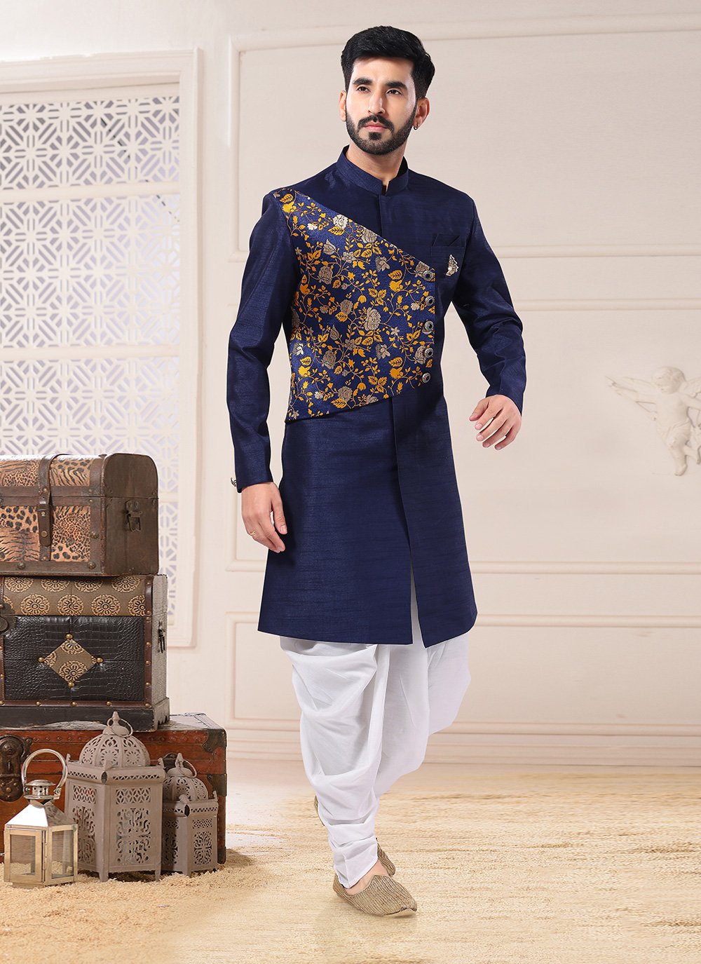 Indo Western Jacquard Silk Blue Fancy Work Mens