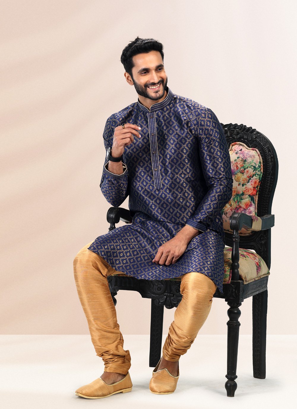 Kurta Pyjama Banarasi Silk Jacquard Blue Fancy Work Mens