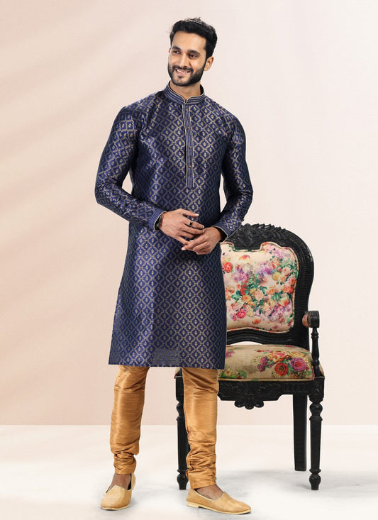 Kurta Pyjama Banarasi Silk Jacquard Blue Fancy Work Mens