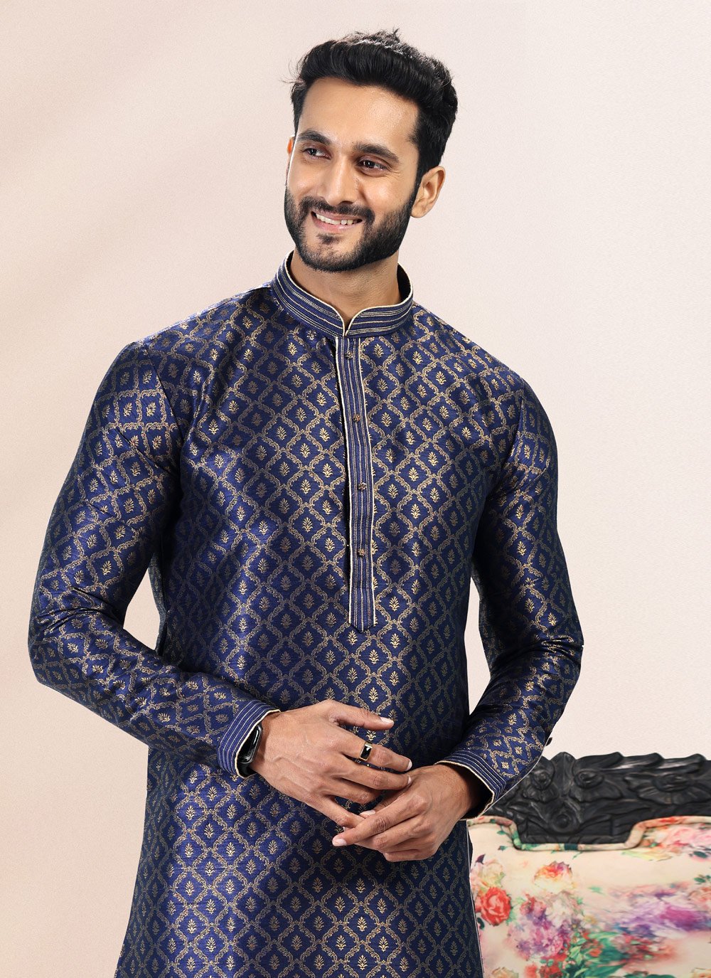 Kurta Pyjama Banarasi Silk Jacquard Blue Fancy Work Mens