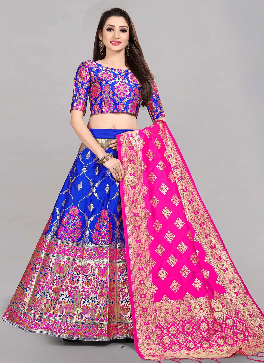 A Line Lehenga Banarasi Silk Jacquard Blue Jacquard Work Lehenga Choli