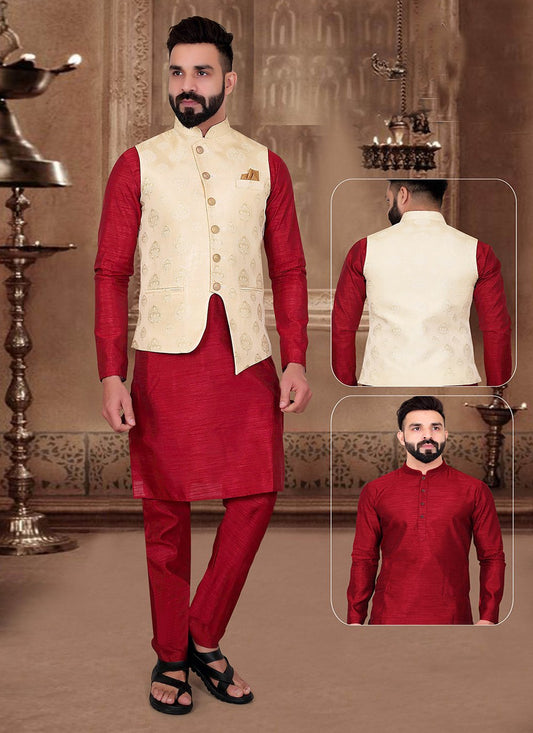 Kurta Payjama With Jacket Jacquard Cream Maroon Embroidered Mens