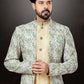 Indo Western Sherwani Dupion Silk Jacquard Cream Multi Colour Embroidered Mens