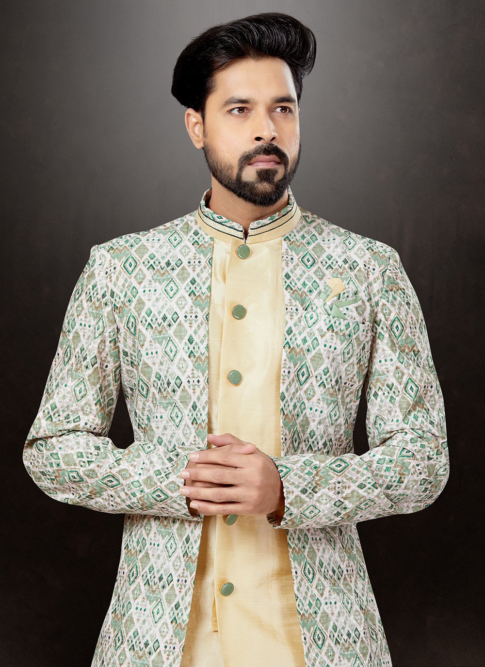 Indo Western Sherwani Dupion Silk Jacquard Cream Multi Colour Embroidered Mens