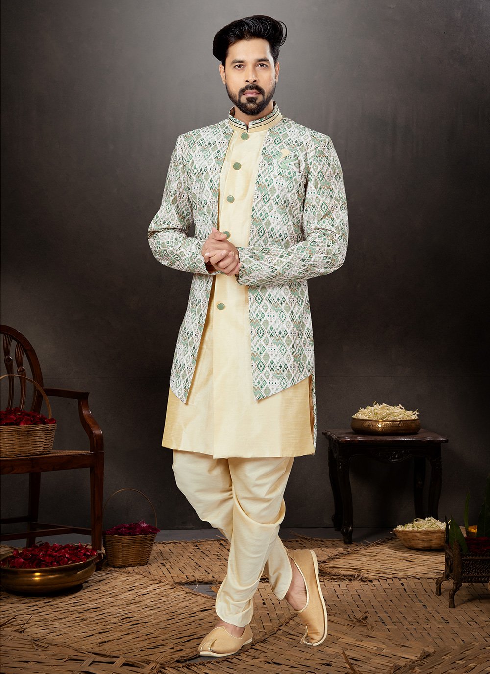 Indo Western Sherwani Dupion Silk Jacquard Cream Multi Colour Embroidered Mens