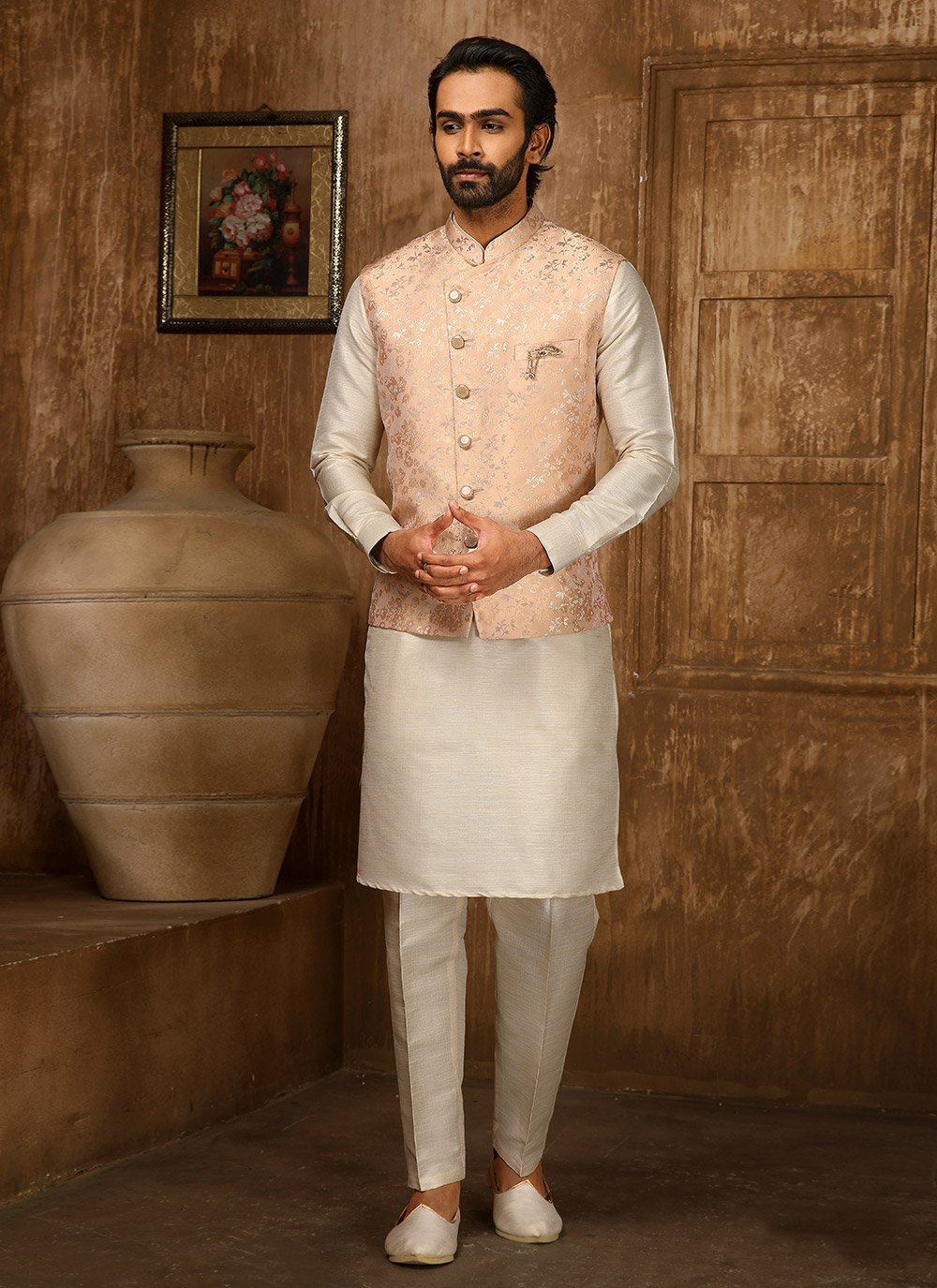 Kurta Payjama With Jacket Jacquard Cream Peach Embroidered Mens