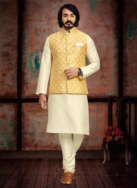 Kurta Payjama With Jacket Art Silk Jacquard Cream Yellow Fancy Work Mens