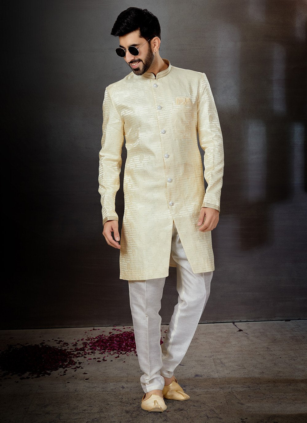 Indo Western Sherwani Jacquard Cream Embroidered Mens