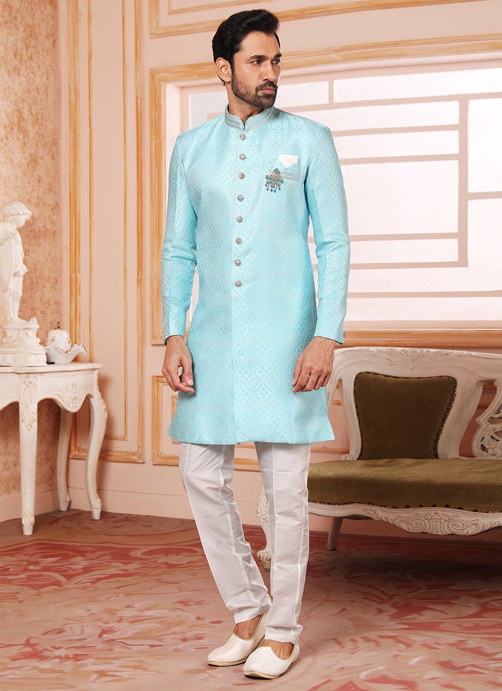 Indo Western Jacquard Aqua Blue Embroidered Mens