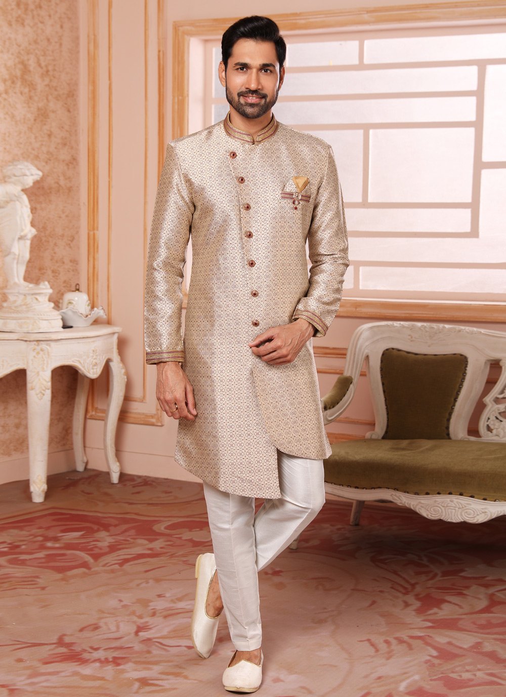 Indo Western Jacquard Cream Embroidered Mens