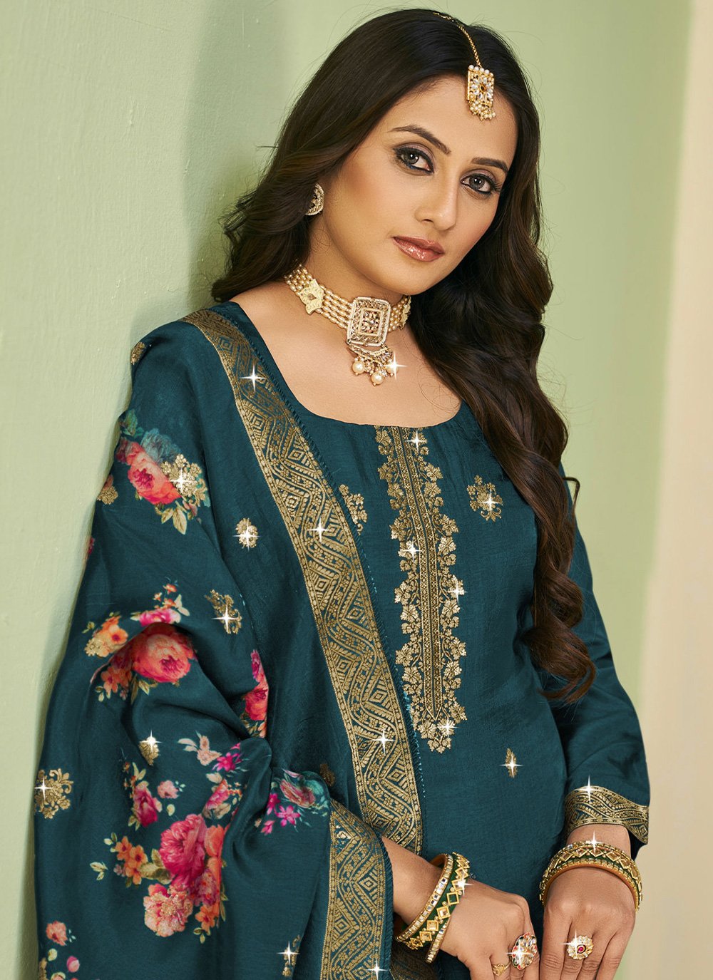 Salwar Suit Jacquard Pure Dola Viscose Green Diamond Salwar Kameez