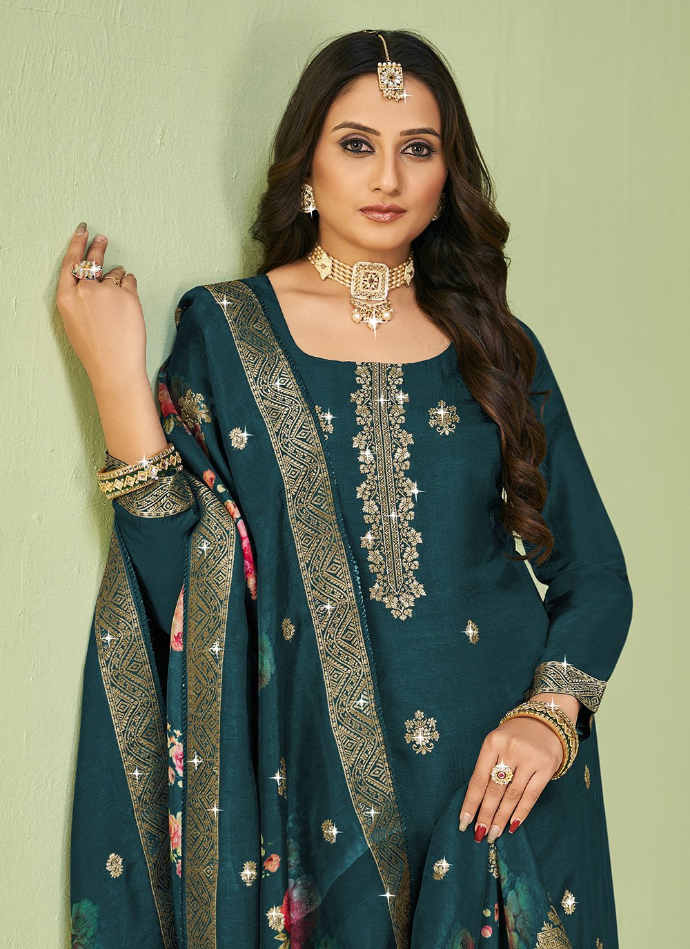 Salwar Suit Jacquard Pure Dola Viscose Green Diamond Salwar Kameez