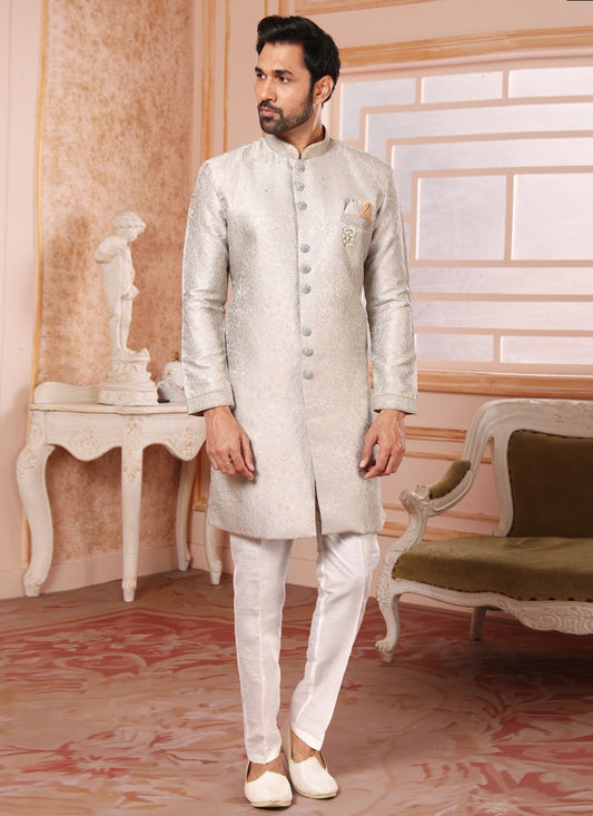 Indo Western Jacquard Grey Embroidered Mens