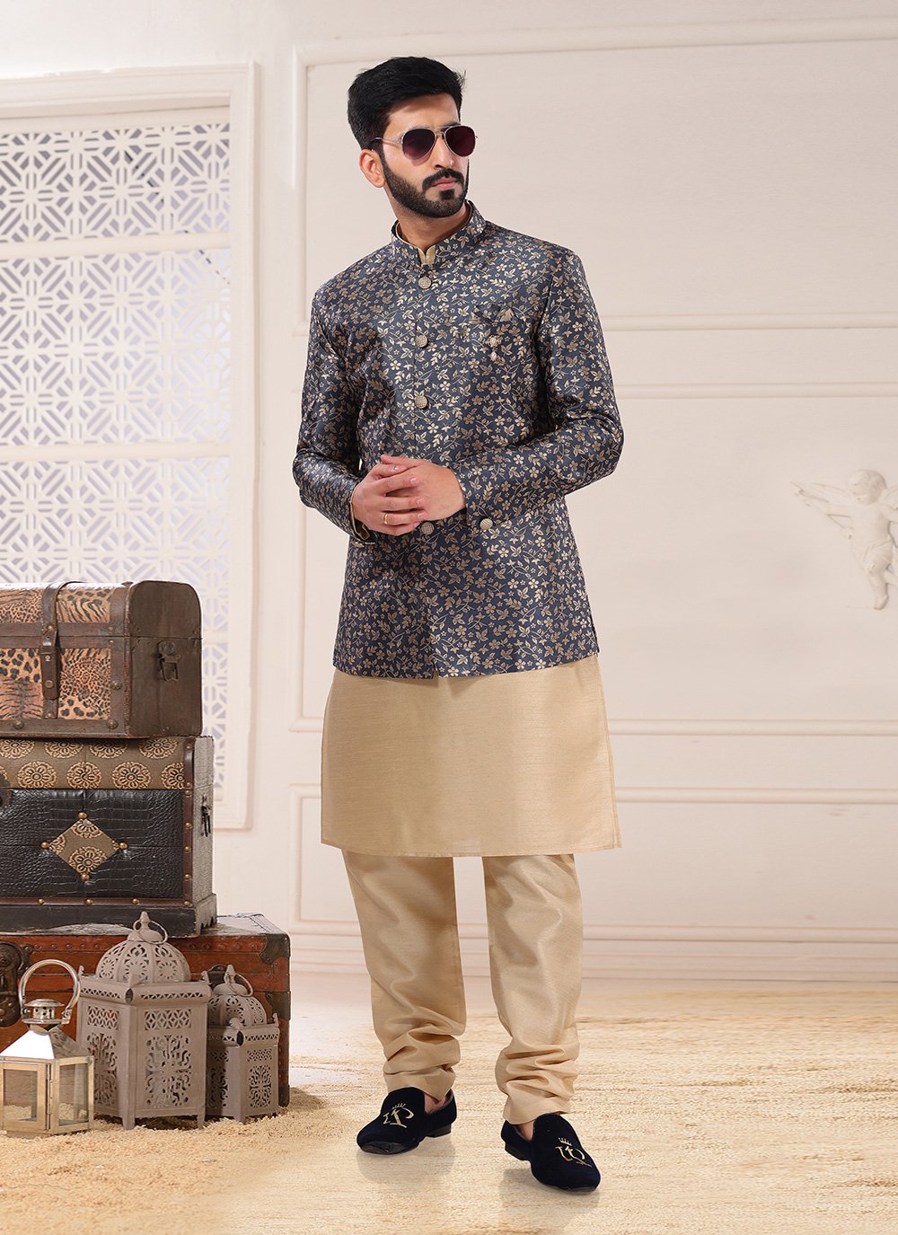 Indo Western Sherwani Jacquard Blue Embroidered Mens