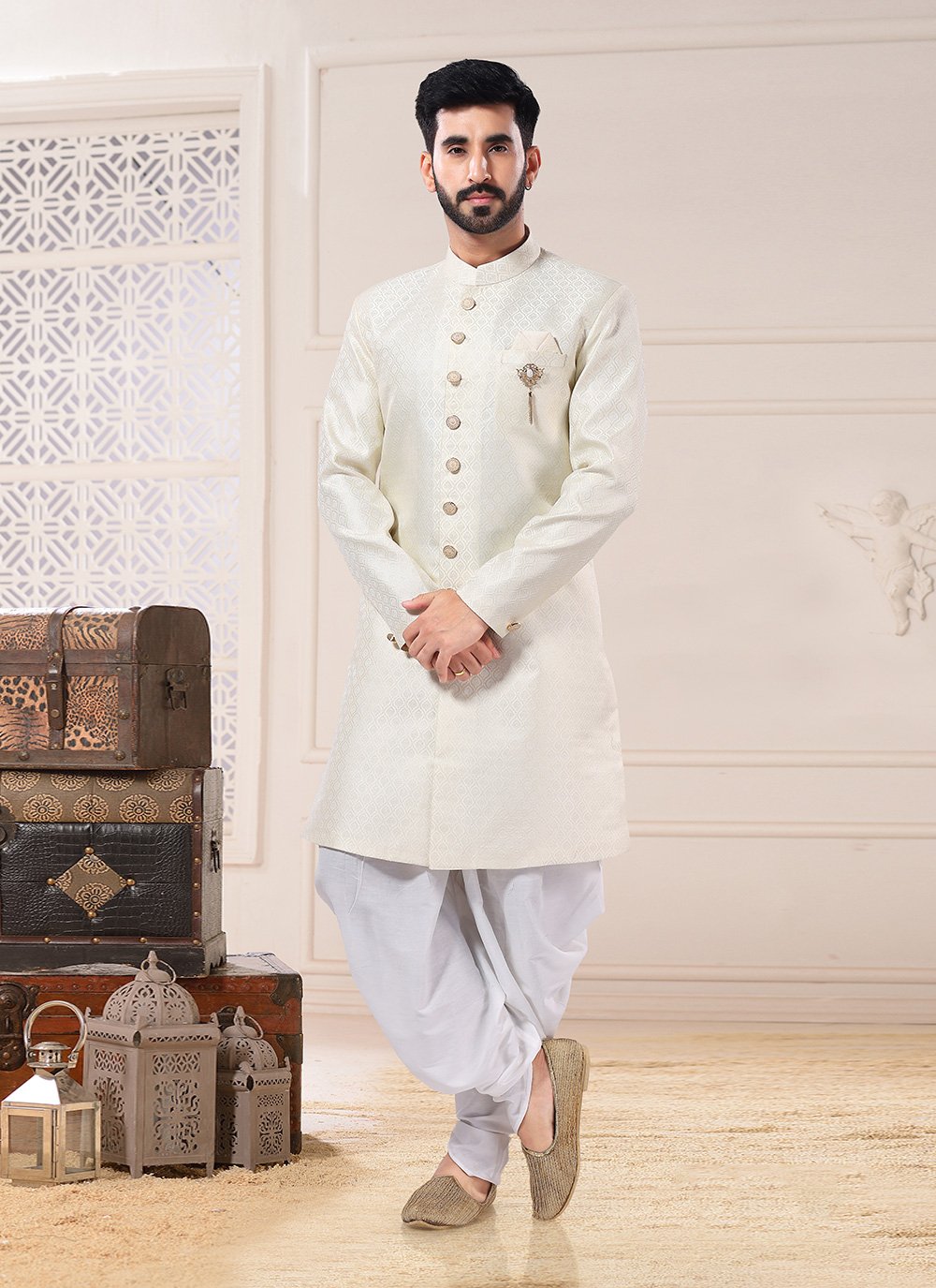 Indo Western Sherwani Jacquard Cream Embroidered Mens