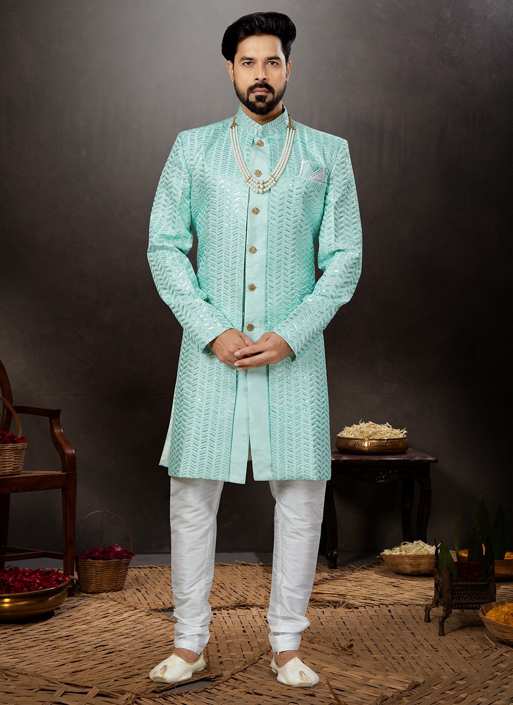 Indo Western Sherwani Jacquard Firozi Embroidered Mens