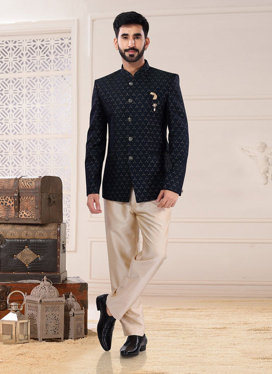 Jodhpuri Suit Jacquard Blue Embroidered Mens