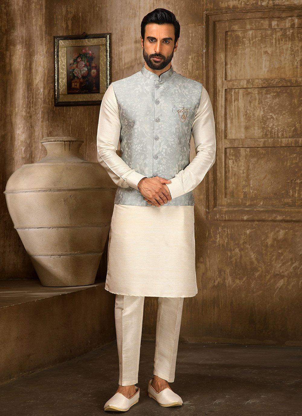 Kurta Payjama With Jacket Jacquard Cream Grey Embroidered Mens