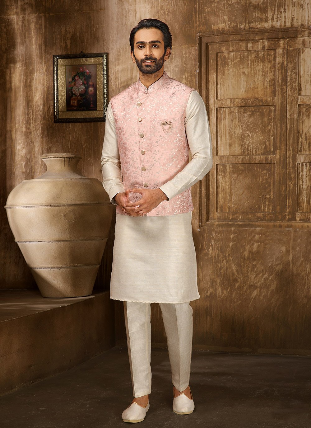 Kurta Payjama With Jacket Jacquard Cream Pink Embroidered Mens