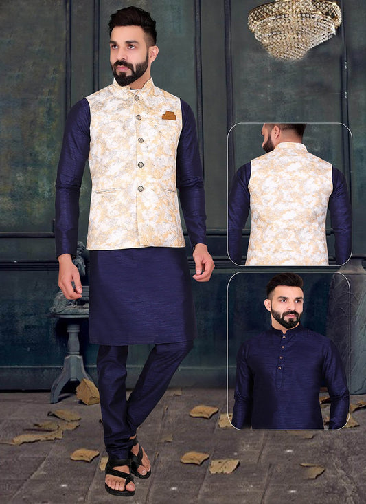 Kurta Payjama With Jacket Jacquard Blue Multi Colour Embroidered Mens