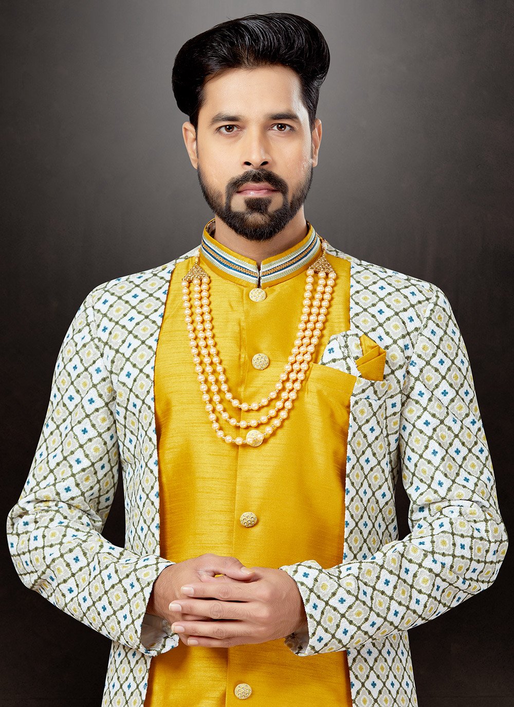 Indo Western Sherwani Dupion Silk Jacquard Multi Colour Yellow Embroidered Mens