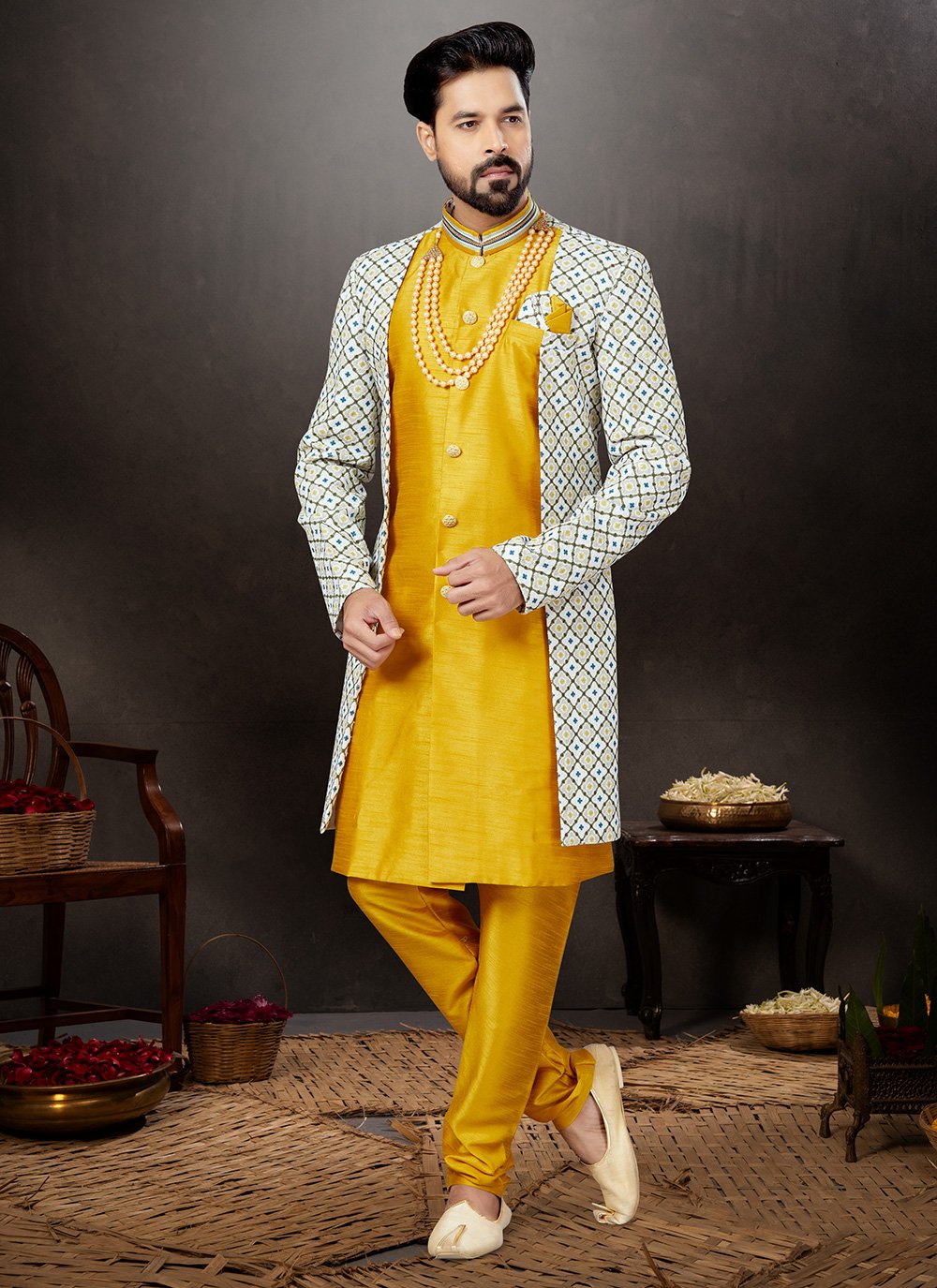 Indo Western Sherwani Dupion Silk Jacquard Multi Colour Yellow Embroidered Mens