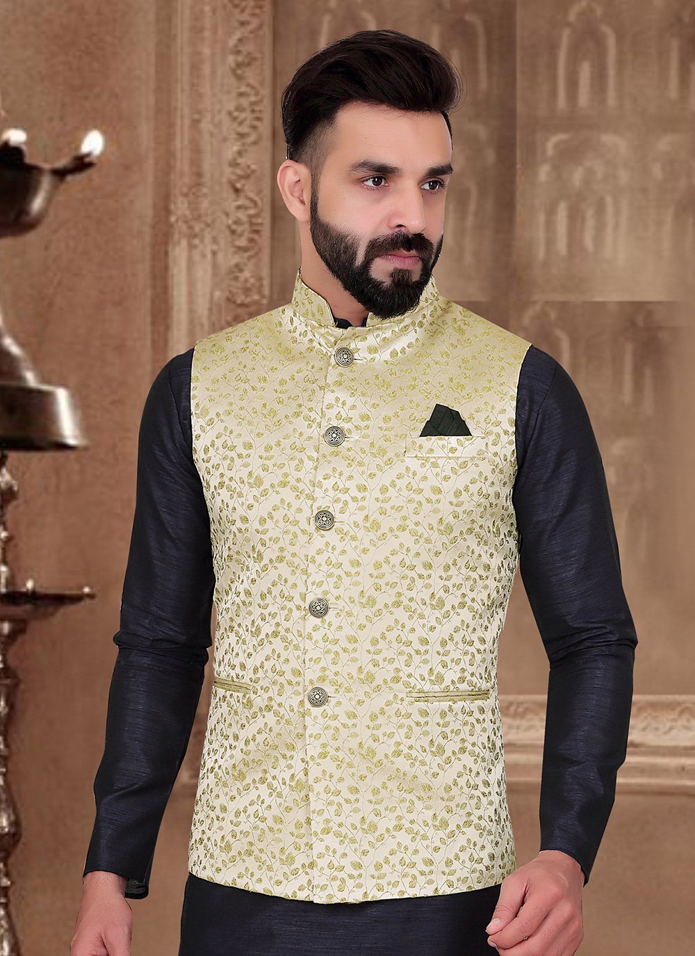 Nehru Jackets Jacquard Beige Embroidered Mens