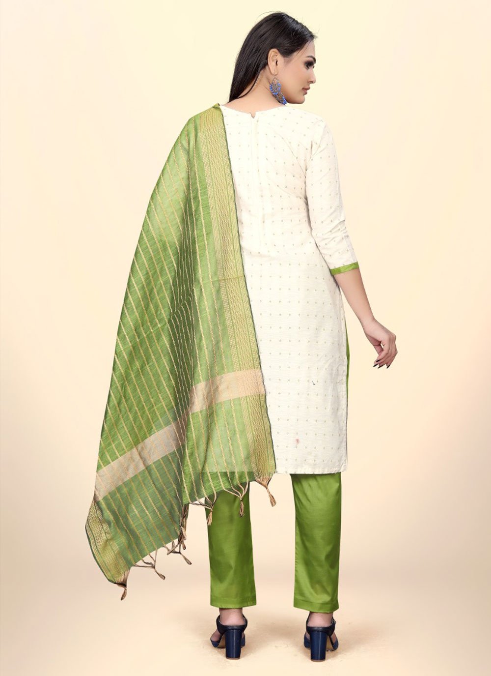 Pant Style Suit Cotton Jacquard Green Off White Embroidered Salwar Kameez