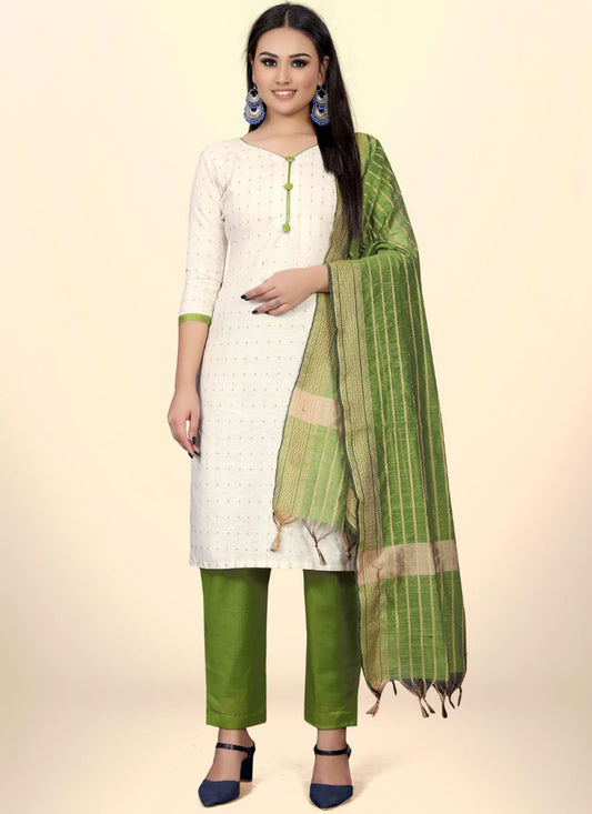 Pant Style Suit Cotton Jacquard Green Off White Embroidered Salwar Kameez